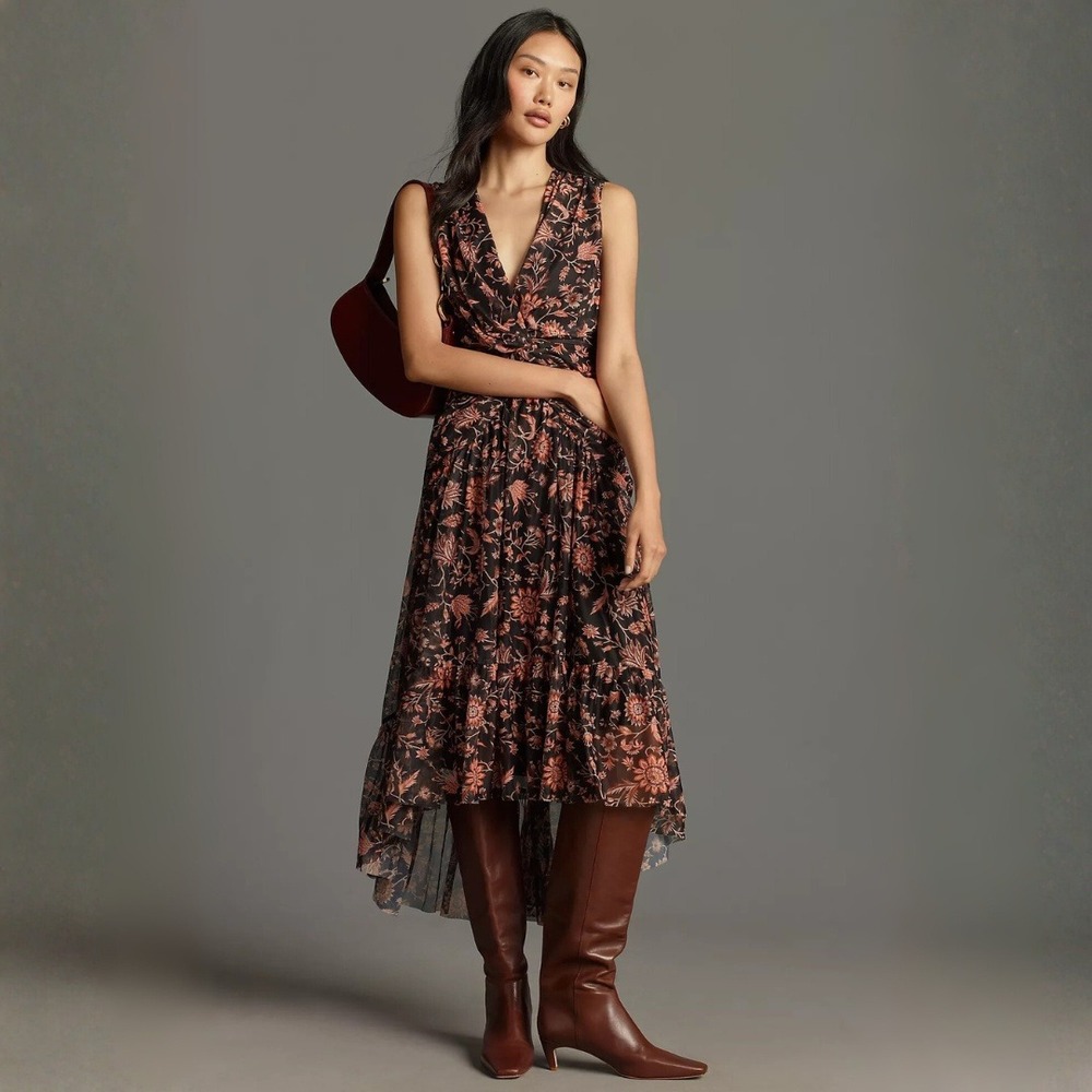 Anthropologie 4SI3NNA V-Neck Sleeveless Midi Dress NWT Size XS Black Floral